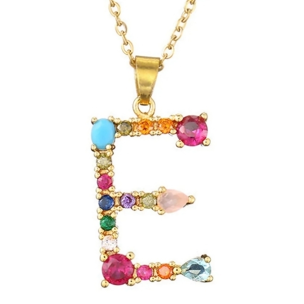E Letter Pendant Necklace Multicolor Rhinestones Gold Tone Chain